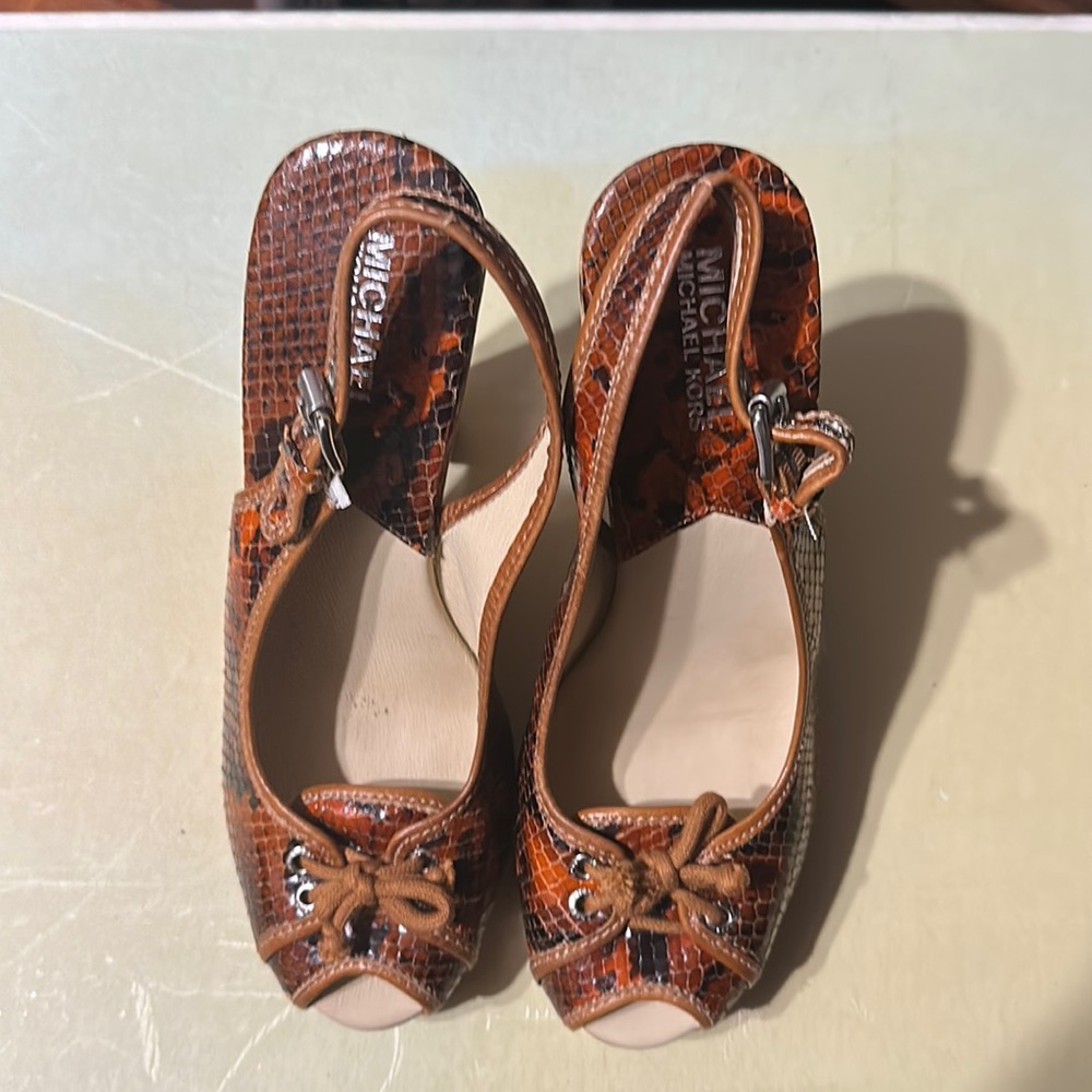 Michael Kors high heels, burnt orange brown and black printed, size 7.5
